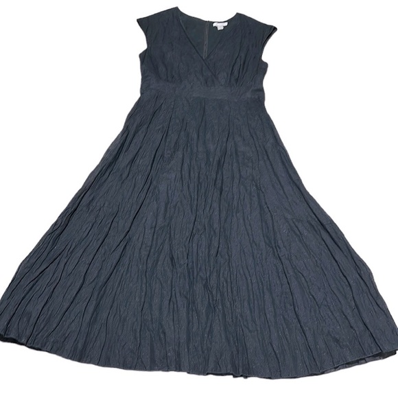 Garnet Hill Black Metallic Crinkle Fit & Flare Cap Sleeve Midi Dress Lined Sz 8 - Picture 3 of 14